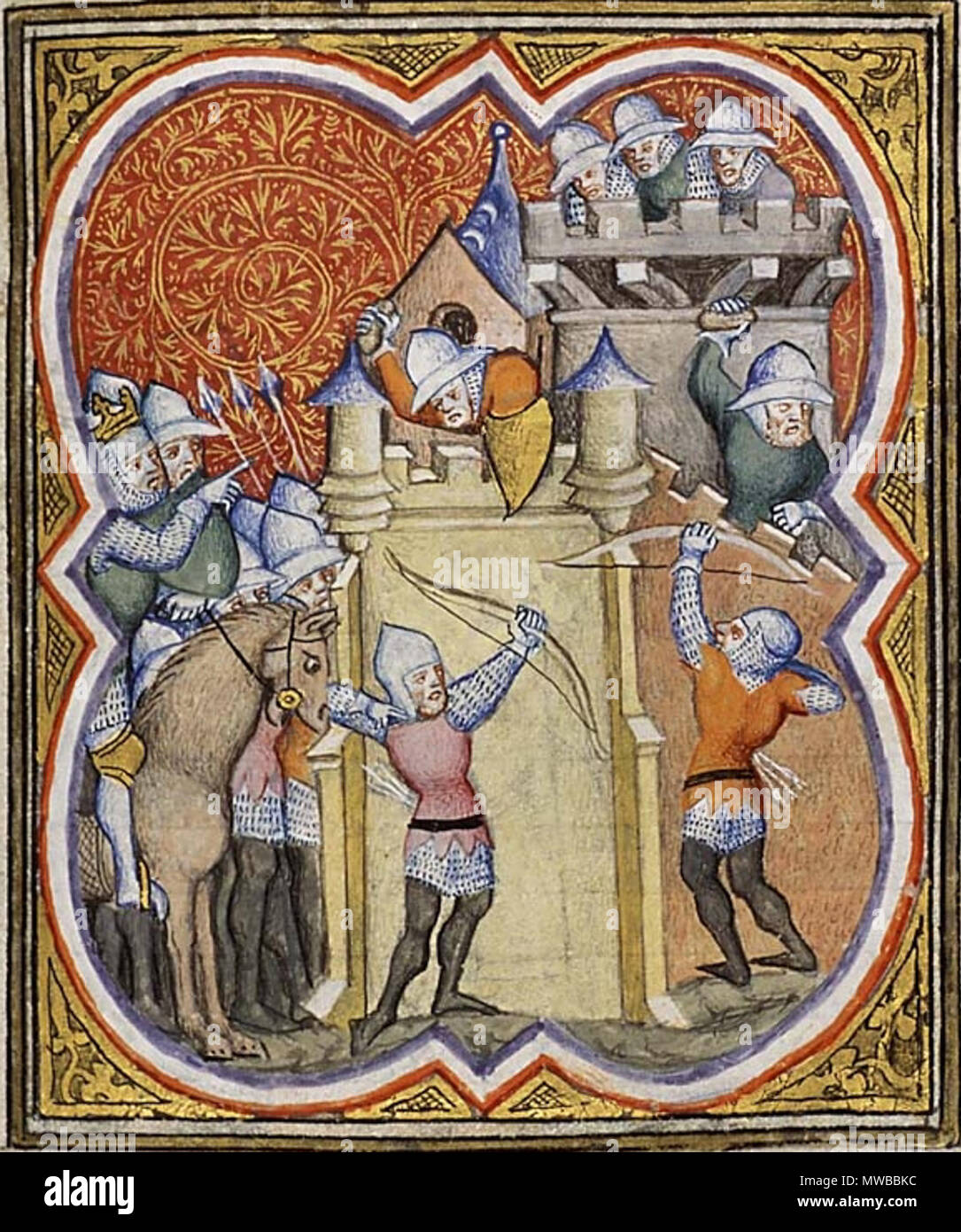 . Inglese: David assedia Gerusalemme da Petrus Comestor 'Bibbia Historiale" (manoscritto 'Den Haag, MMW, 10 B 23') . Francia, 1372. Sconosciuto; Illustrator di Petrus Comestor 'Bibbia Historiale', 154 David assedia Gerusalemme Foto Stock