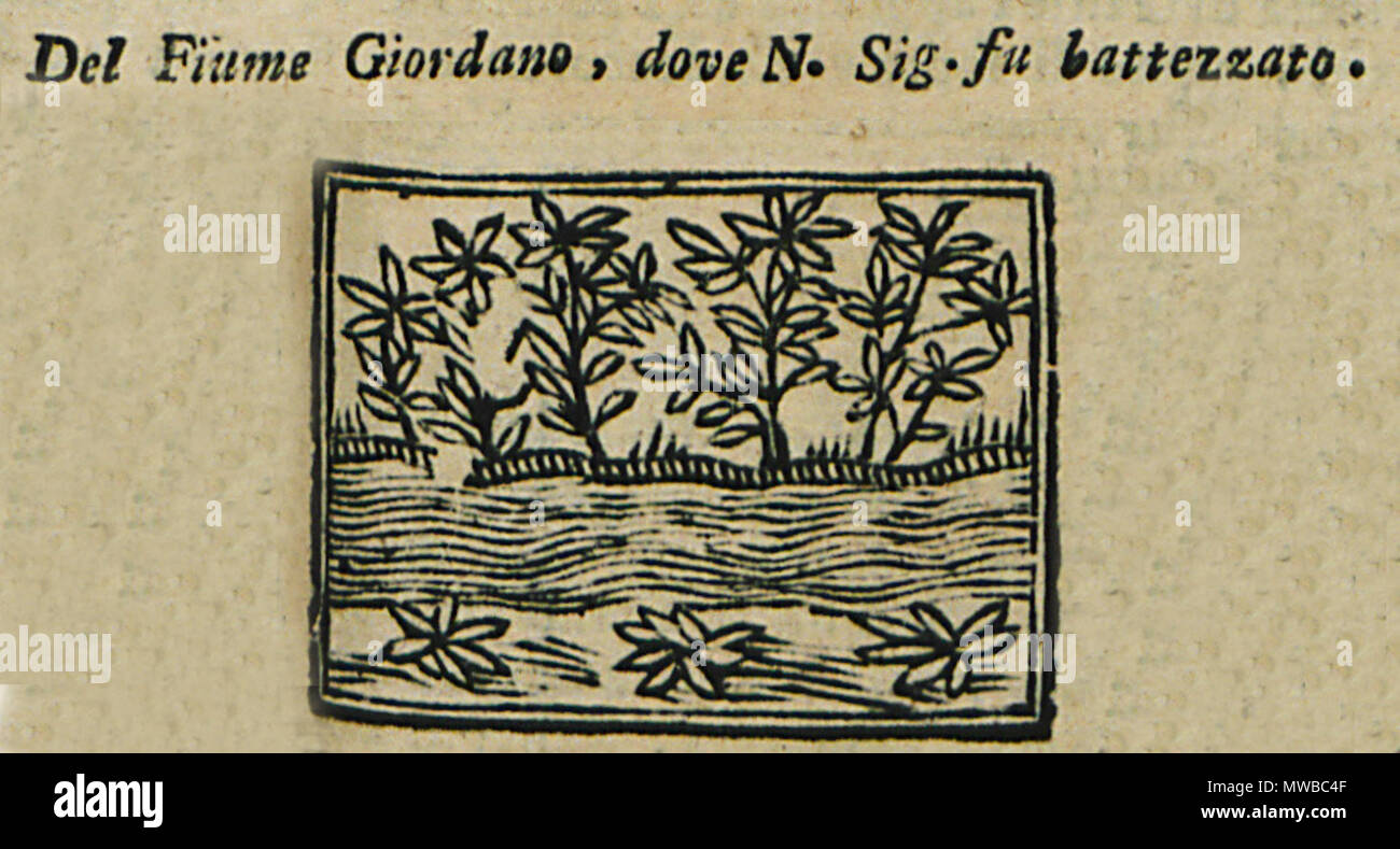 . Inglese: Noe Bianco, il viaggio da Venezia al Santo Sepolcro, et al monte Sina. Col dissegno delle Città, Castelli, Ville, chiese, Monasterij, Isole, porti, & Fiumi di Lucca, Salvatore e Giandomenico Marescandoli, 1600 . 1600. Creatore:Noe BIanco 157 del fiume Jordano, Colomba N Sig fu battezzato - Bianco Noe - 1600 Foto Stock