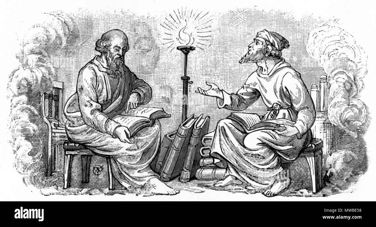 . Inglese: Discorso nella notte due imparato derubato, barbuto e scalzi colleghi converse, libri nel loro giro. . Questo file è privo di informazioni sull'autore. 164 Discorso-in-the-notte Foto Stock