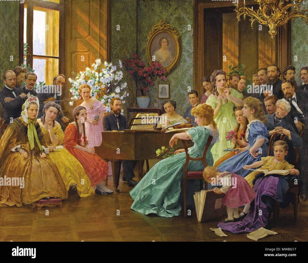 . Čeština: František Dvořák: Bedřich Smetana mezi svými přáteli roku 1865, olej na plátně, 125 x 161.3 cm, 1923 soukromá sbírka. Vyšlo jako reprodukce v Praze : Státní nakladatelství, 1924 . 1923. František Dvořák (1862-1927) 174 Dvorak Bedrich Smetana e amici nel 1865 Foto Stock