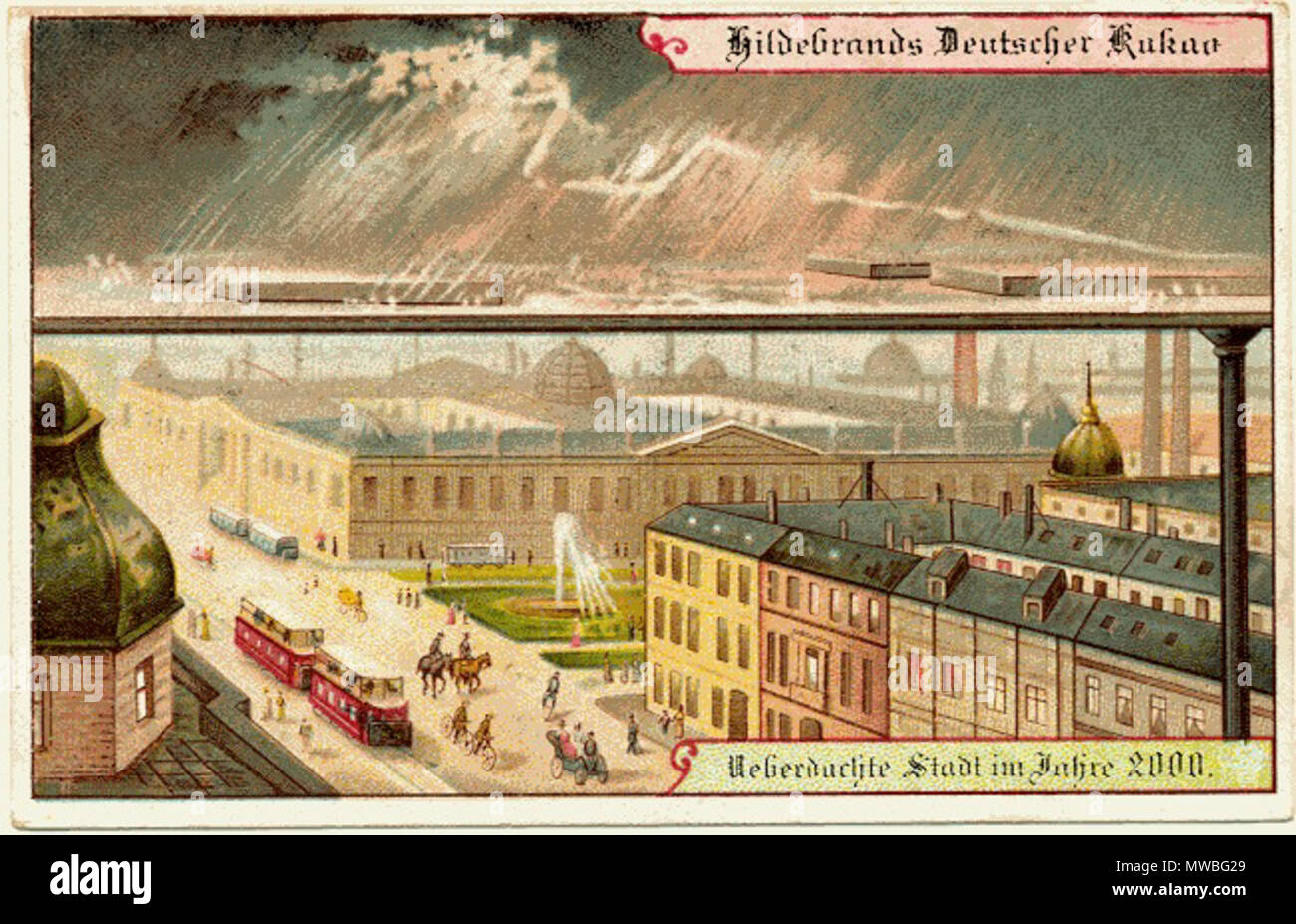 . Inglese: città coperto sotto la pioggia nel 2000. Germania, Hildebrand chocolade in fabbrica. Русский: Шоколад из серии 'Германия в году 2000' шоколадной фирмы 'Гильдебранд' - 'Город под стеклянной крышей'. Репродукция публиковалась в журнале 'Очевидное и невероятное', 2008 год. Deutsch: Ueberdachte Stadt im Jahre 2000, Sammelbild der Schokoladenfabrik Theodor Hildebrand und Sohn . 1899 - 1900-01. sconosciuto e non è indicato sulla cartolina / не указан 241 Germania nel XXI secolo. Stadt Foto Stock