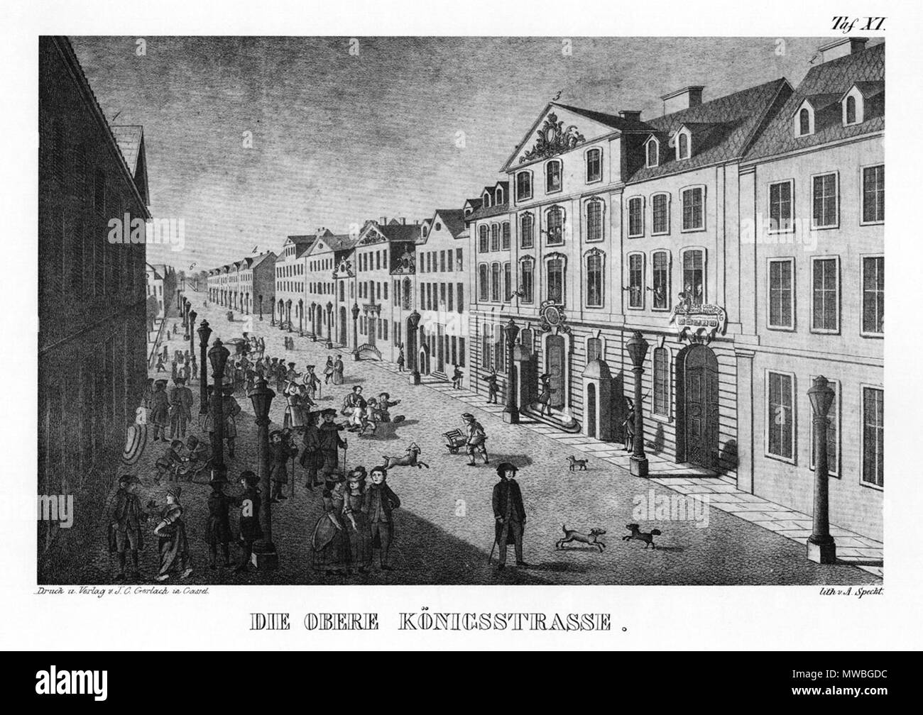 . Blick in die Obere Königsstraße mit Lottohaus . 1844. A. Specht 451 Obere Koenigstrasse Kassel 1844 Foto Stock