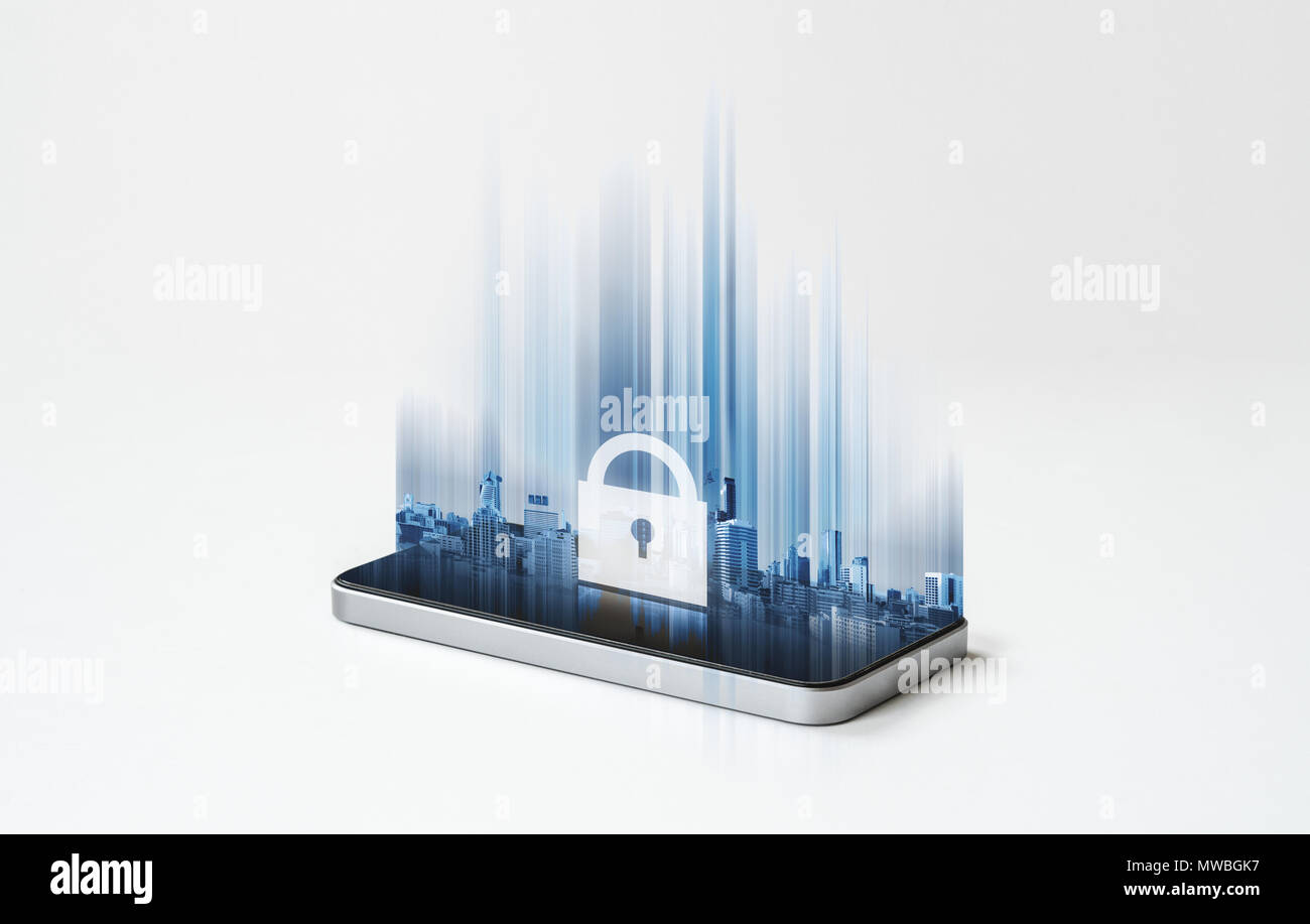 Telefono cellulare del sistema di sicurezza, mobile smart phone e futuristico icona a forma di lucchetto sullo schermo Foto Stock