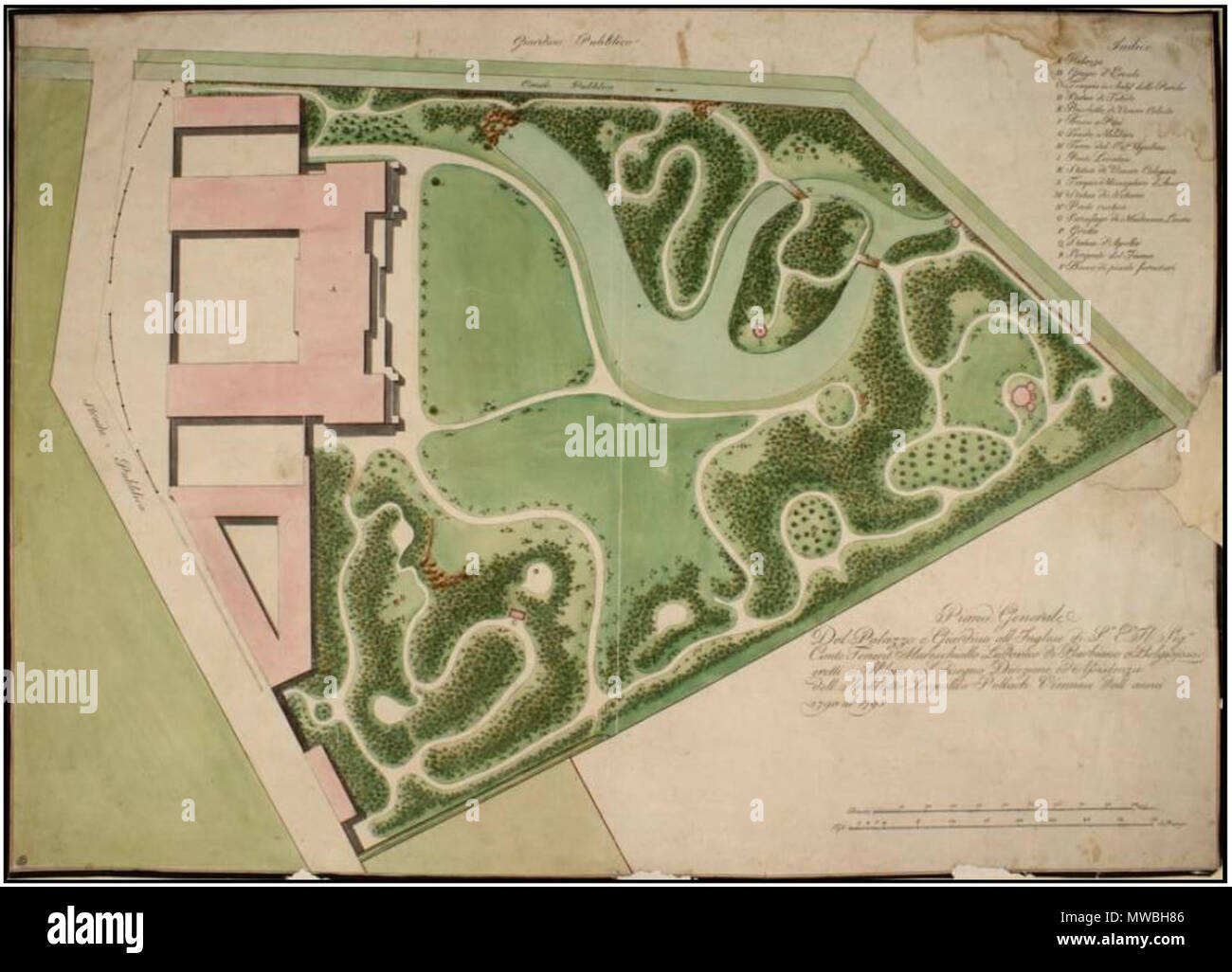 . Italiano: AUTORE: Leopoldo Pollach Titolo: Piano Generale / Del Palazzo e Giardino tutti" inglese di S.° E.° Il Sig.° / Conte Tenent Mareschiallo Ludovico di Barbiano e Belgiojoso. / Eretti a Milano col disegno Direzione ed asistenza / dell architetto Leopoldo Pollach Viennese dallâ anno / 1790 al 1793 DATA: 1790 - 1793 COLLOCAZIONE: Milano, Civica Raccolta delle Stampe "A. Ernesto Bertarelli" TECNICA Tempera ed acquarello su carta patinata da disegno DIMENSIONI: 490 x 700 . Il 26 novembre 2014. Leopoldo Pollach 243 Giardini villa belgiojoso Pollack 01 Foto Stock