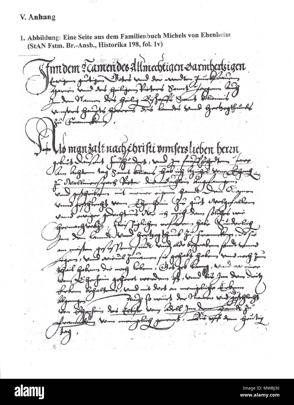 . Anfang der Familienchronik des Michael von Ehenheim, Staatsarchiv Nürnberg, Fürstentum Brandenburg-Ansbach, Historika Nr. 198, Blatt 1v . wohl 2. Drittel 16. Jh.. Michel von Ehenheim 180 Ehenheim familienbuch Foto Stock