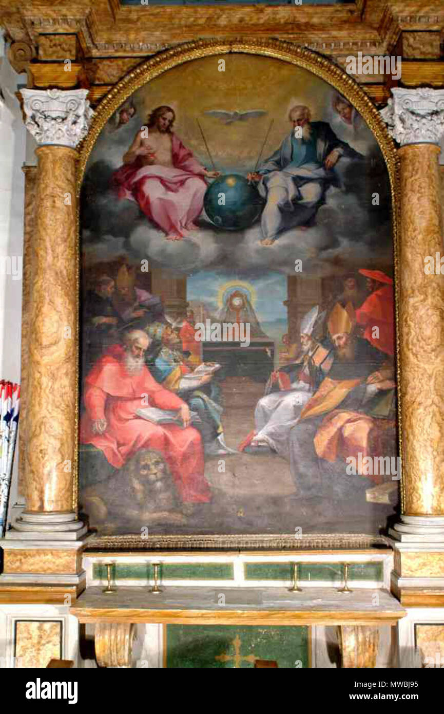 . Glorificazione della Eucaristia di Ventura Salimbeni - il cosiddetto UFO o "Sputnik" di Montalcino. Questo è in realtà il nome così spesso usato da alcuni siti da consultare l'oggetto rappresentato nella chiesa di San Pietro a Montalcino (Siena), dipinta alla fine del XVI secolo da Ventura (o Bonaventura) Salimbeni. La sfera tra le figure della Santa Trinità, non è un UFO. Tale oggetto, dipinta in molte rappresentazioni della Trinità, è un simbolo della 'Creazione Globo', e in questa particolare pittura contiene l'immagine del sole e della luna . Sconosciuto 247 glorificazione della E Foto Stock