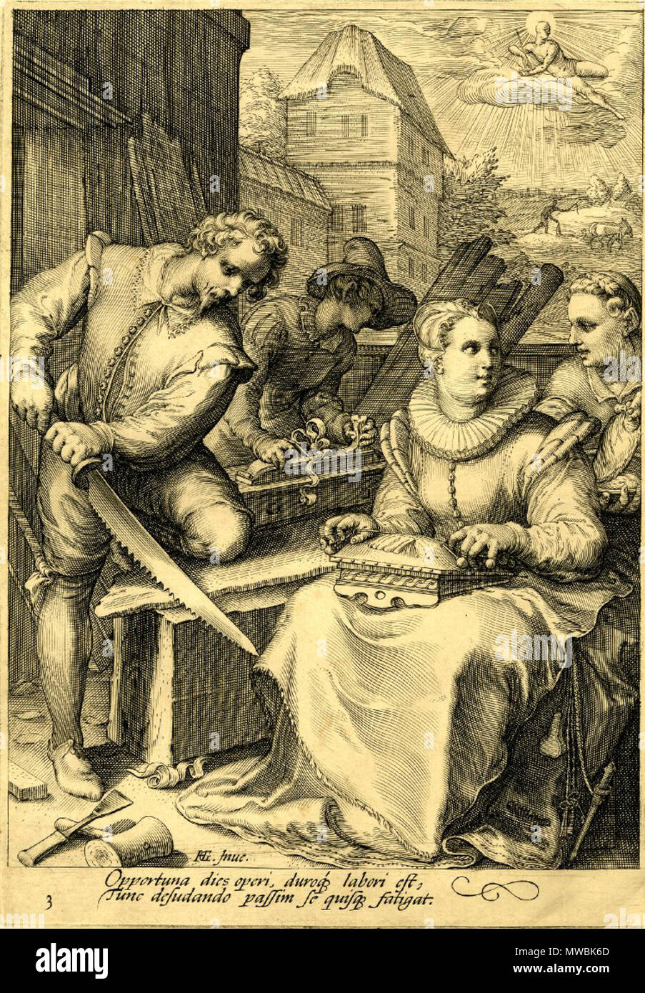 . Inglese: quattro volte al giorno, la piastra 3: 12.00. Incisione di Jan Saenredam dopo Hendrik Goltzius. Un falegname di segagione di un asse di legno a sinistra e un altro con un piano di livellamento al di là, un martello e scalpello nell angolo in basso a sinistra, una donna seduta a destra e merletti . circa 1595. Jan Saenredam dopo Hendrik Goltzius 249 Goltzius Saenredam Mezzogiorno Foto Stock