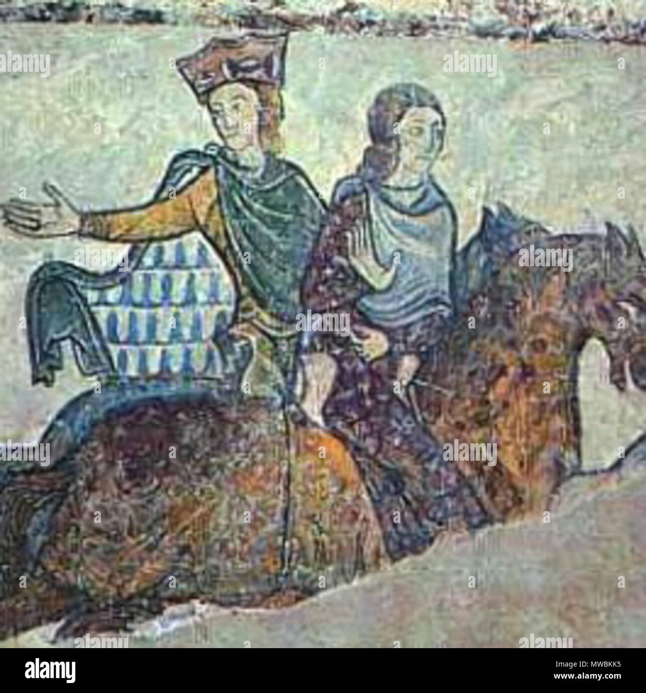 . Inglese: dettaglio da un murale in Chapelle Sainte-Radegonde de Chinon (Cappella di San Radegund in Chinon, Francia) eventualmente raffiguranti Eleonora di Aquitania e suo figlio Enrico. fine XI secolo. Sconosciuto 182 EleanorandJohnMural Foto Stock