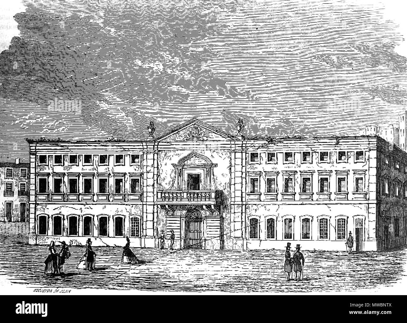 . Disegno dell'Inquisizione Palace (Estaús Palace) nella piazza del Rossio a Lisbona, Portogallo . prima metà del XIX secolo. Questo file è privo di informazioni sull'autore. 297 InquisitionPalace Foto Stock