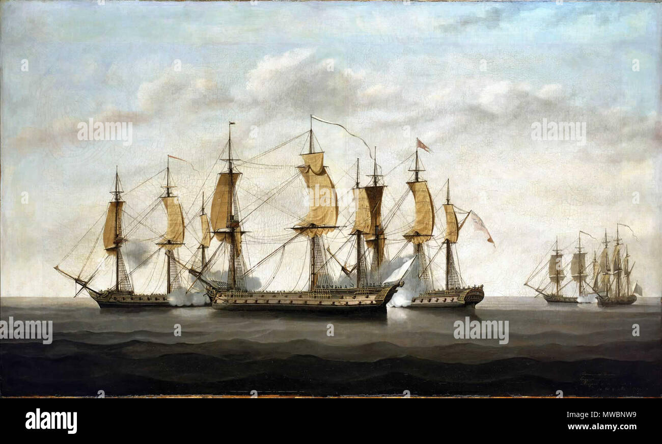 . Inglese: Impegno tra tre East Indiamen e due navi francesi, 8 marzo 1757 . Il XVIII secolo. Dunn, Lawson 190 impegno tra tre East Indiamen e due navi francesi, 8 marzo 1757 Foto Stock