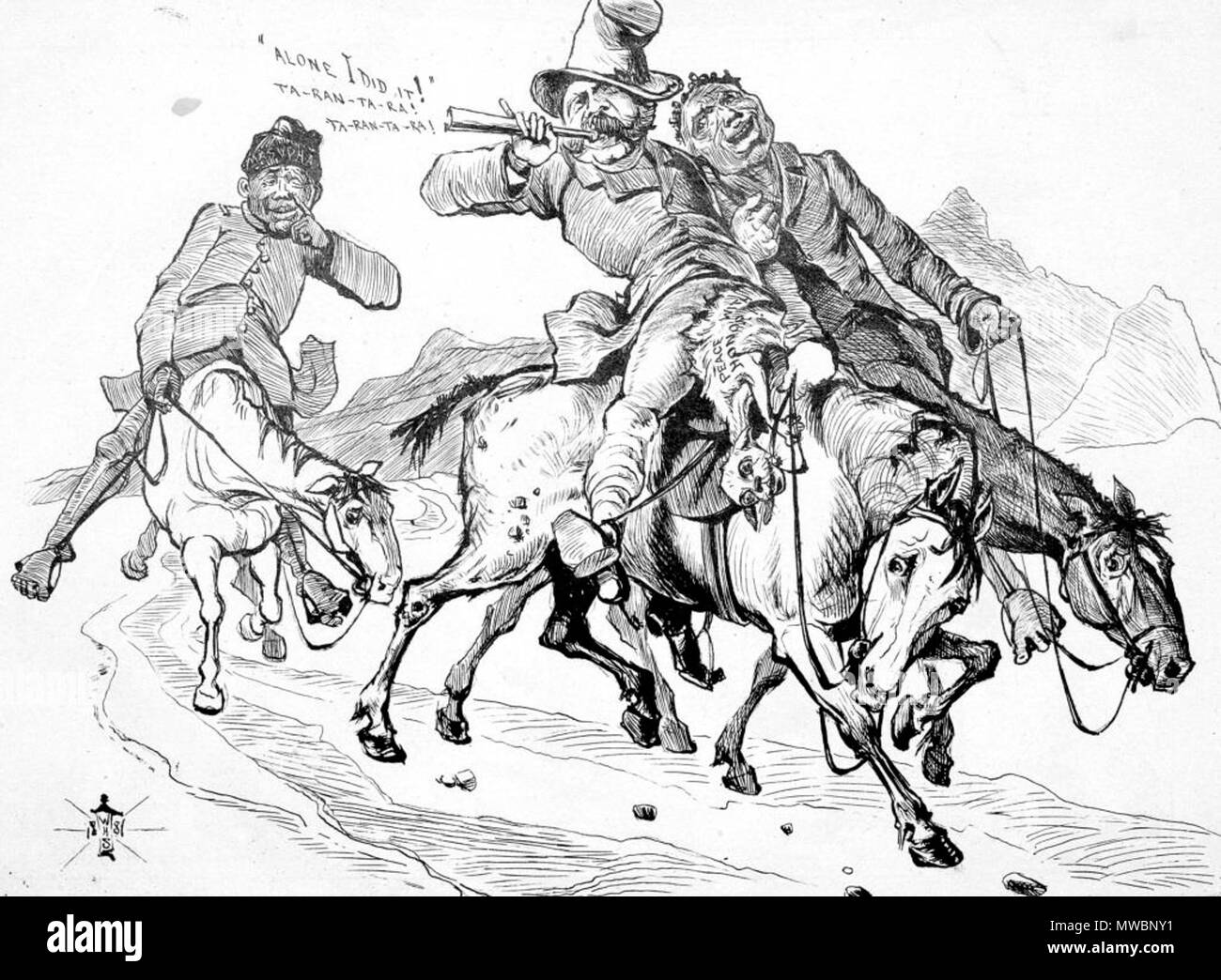 . Inglese: Jacobus W Sauer. Afrikaans liberale politico di Cape Colony caricatured dal razzismo quotidiano lanterna. 5 marzo 2007, 14:41:34. WH Schroder. Cape Town. 330 JW Sauer - Quando Jamie proviene Marching Home - Lanterna del capo - 17 Settembre 1881 Foto Stock