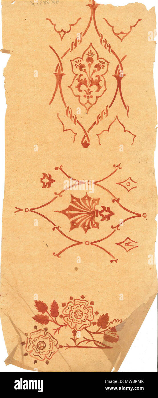 . Nederlands: Drie tekeningen getekend op geelbruine doorzichtig papier. De Bovenste afbeelding è identiek aan BR 0437t. De middelste en tekening onderste komen overeen met BR 0437aa. 44 × 18 cm (17,3 × 7 poll.). Roermond, Cuypershuis. Tra il 1850 e il 1900. Anonimo 160 Design per motivi floreali Cuypershuis BR 0437 x Foto Stock