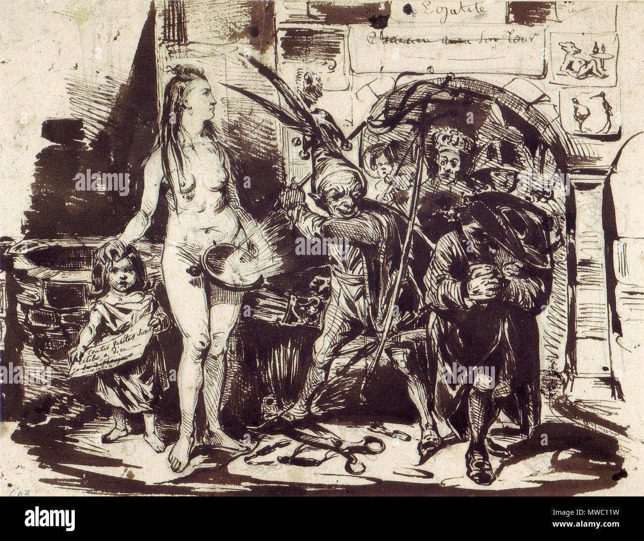 . Inglese: "Etude pour l'Affiche pour la caricatura" (schizzo per un poster per la caricatura) dall'artista francese J. J. Grandville, penna e disegno a inchiostro. Deutsch: "Etude pour l'Affiche pour la caricatura" (Studie zum Plakat für la caricatura) des französischen Künstlers J. J. Grandville, Federzeichnung. 1830. J. J. Grandville Grandville 252, Plakatentwurf, 1830, K98 Foto Stock