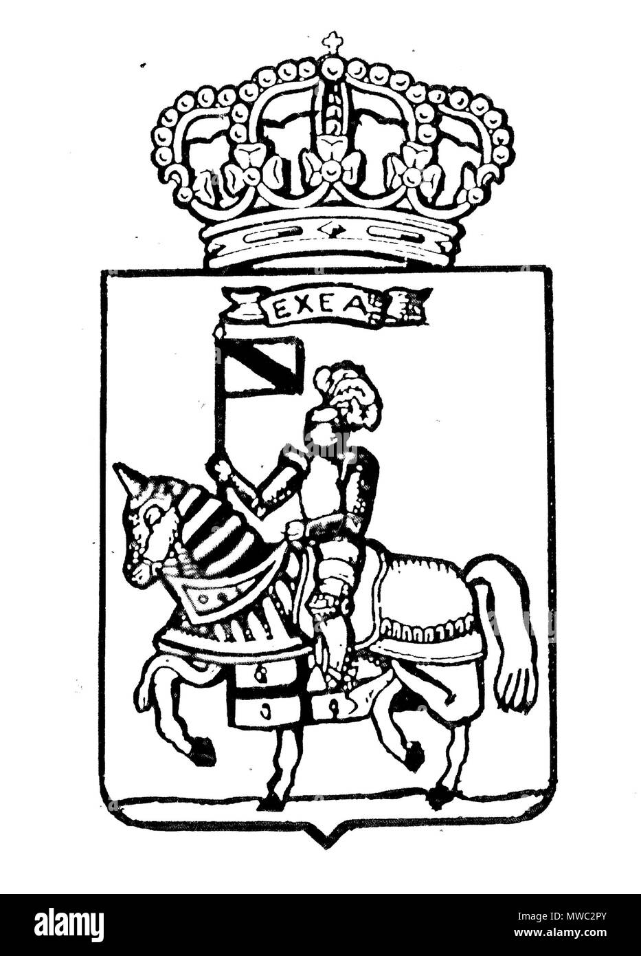 . Inglese: rivestire del braccio di Ejea de los Caballeros in scala di grigi. Il 7 settembre 2010. ZAPATER, Alfonso, "Aragón pueblo a pueblo', Zaragoza, Ed. Aguaviva, 1986 195 escudo de Ejea de los Caballeros grigi " Foto Stock