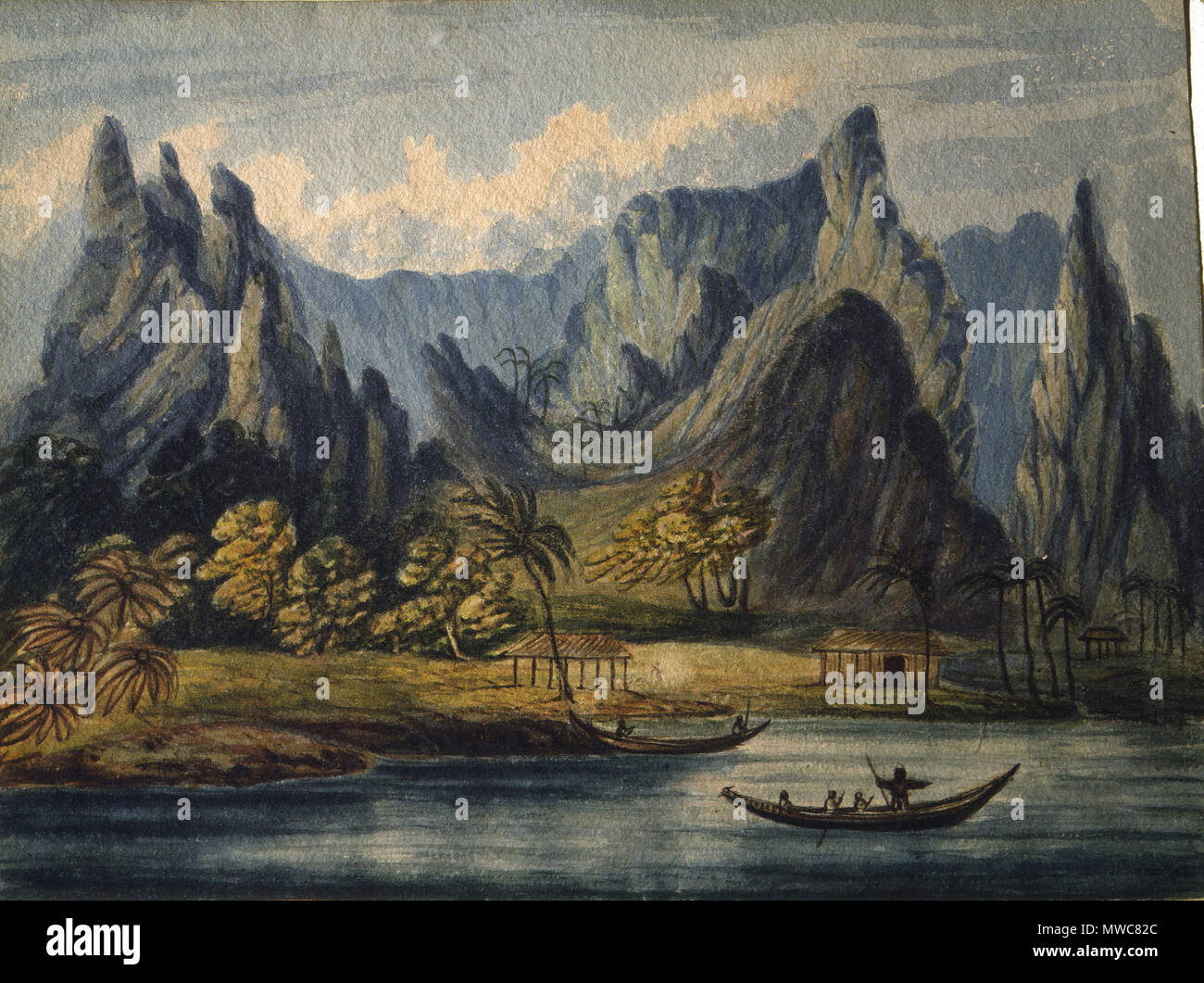 . Inglese: Tyerman, Daniel 1773-1828 :[Opoa, isola di Raiatea 1822]. Numero di riferimento: un-263-004. Mostra stazione missionaria a riva e canoe nativa in porto, tra alte palme e montagne. 1822. Daniel Tyerman (1773-1828) 152 Daniel Tyerman, Opoa, isola di Raiatea, 1822 Foto Stock