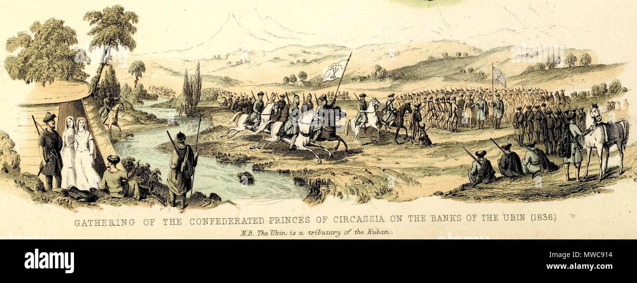 . Inglese: raccolta dei confederati princes di Circassia sulle rive del Ubin. 1836. (Caucausus & Crimea con le porzioni del nord del nero e del Mar Caspio, Mari IX. (A) Crimea secondo Huot & Demidoff. Disegnato e inciso da J. Bartolomeo, Edimburgo. (A) Il Caucaso secondo Profr. Il dottor Karl Koch, con aggiunte di altre fonti da Augusto Petermann, F.R.G.S. Incisi da G.H. Swanston. A. Fullarton & Co. Londra, Edimburgo e Dublino. 1872. Fullarton, A. & Co 231 Fullarton, A. &AMP; Co. Caucausus &AMP; la Crimea. 1872 (H) Foto Stock