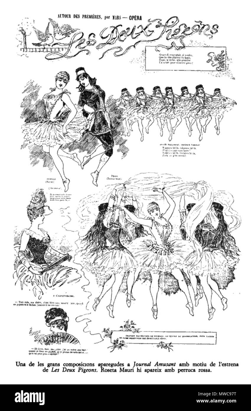 . Inglese: schizzi dell'opera Les Deux piccioni' che è apparso su una pagina di Parigi ufficiale Amusant . 1885. Journal Amusant 161 Deux piccioni 003 Foto Stock