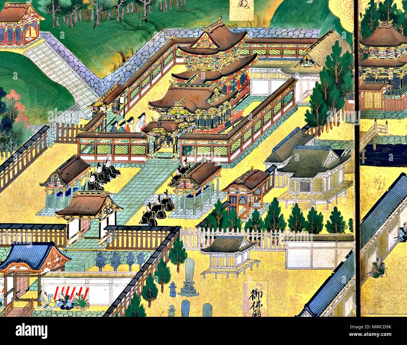 . Inglese: Vista di Edo, schermo sinistro. coppia di sei-pannello schermi di piegatura (XVII secolo). In alto al centro del quinto pannello, schermo sinistro Shiba Tempio Zojoji, Daitokuin Buddha Hall, Iemitsu visitando il Buddha Daitokuin Hall. Il XVII secolo. Questa coppia di sei schermate del pannello raffigurante la città di Edo (Tokyo) e i suoi sobborghi e le realizzazioni dei Tokugawa Iemitsu (il terzo shogun) fornisce un raro materiale storico per l'inizio periodo Edo. Ci sono diverse teorie riguardo la data della loro creazione. Ogni schermo misura 162,5 x 366.0 cm. 178 Edo l52 dettaglio Foto Stock