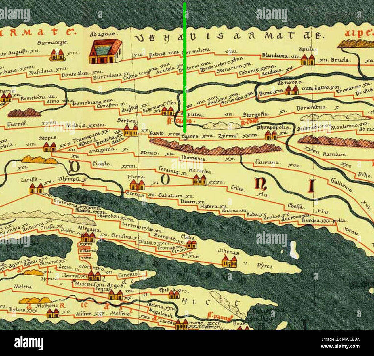 . Inglese: intaglio dalla Tabula Peutingeriana, 1-4secolo CE. Edizione Facsimile da Conradi Millieri, 1887/1888; la linea verde sulla mappa mostra Tabula Peutingeriana posti nella moderna Bulgaria; sulla mappa: Egirca o elica; nella moderna Bulgaria: città Ihtiman Deutsch: Ausschnitt aus der Tabula Peutingeriana; Orte und Stationen auf der Tabula Peutingeriana im heutigen Bulgarien; die grüne Linie auf der Karte zeigt: Egirca oder elica; im heutigen Bulgarien: Stadt Ichtiman Български: Изрез от Пойтингеровата карта; Места на Пойтингеровата карта намиращи се в днешна България; зелената линия на картата Foto Stock