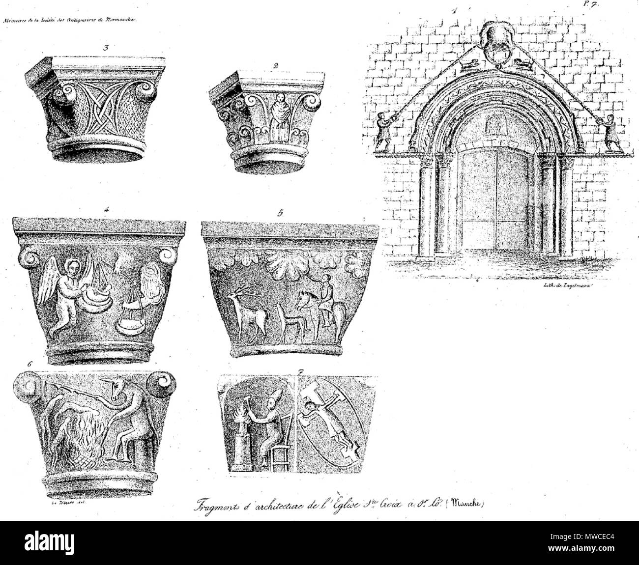 . Frammenti d'architecture de l'église Sainte-Croix de Saint-Lô . 1825. Questo file è privo di informazioni sull'autore. 180 Eglise-SteCroix-archi Foto Stock