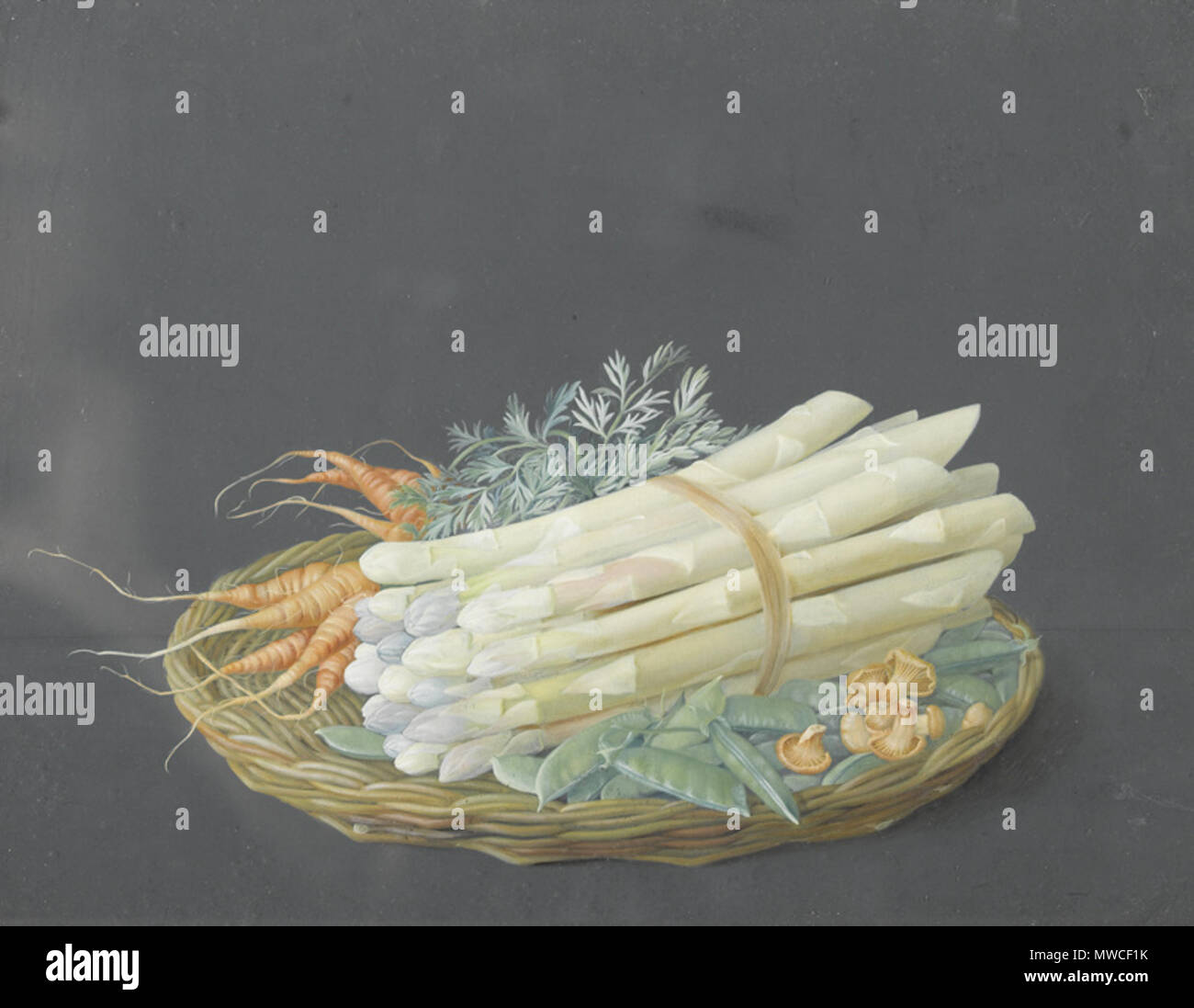 . Deutsch: Stillleben mit Spargel im Korb. Gouache, Signaturreste, undeutlich datiert (18)42 unten rechts, 29 x 38 cm . 1842 183 Elise Puyroche-Wagner Stilleben mit Spargel Foto Stock