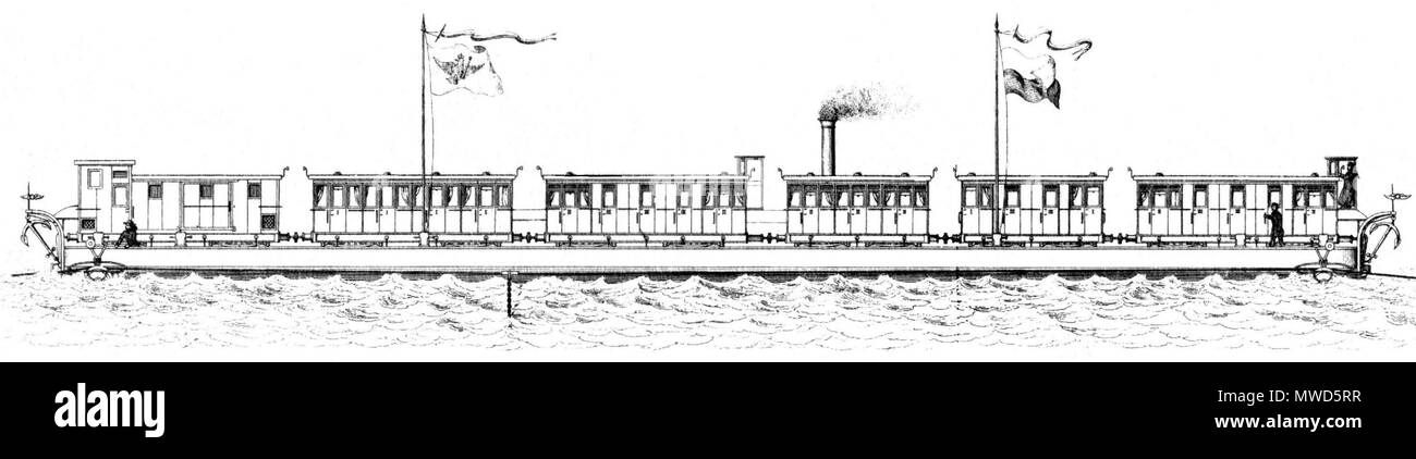 . Deutsch: Mit Personenwagen beladene Ponte der Rheinischen Eisenbahn auf der Fahrt über den Rhein um 1865 . 1870. Questo file è privo di informazioni sull'autore. 201 Fahrende Ponte Foto Stock