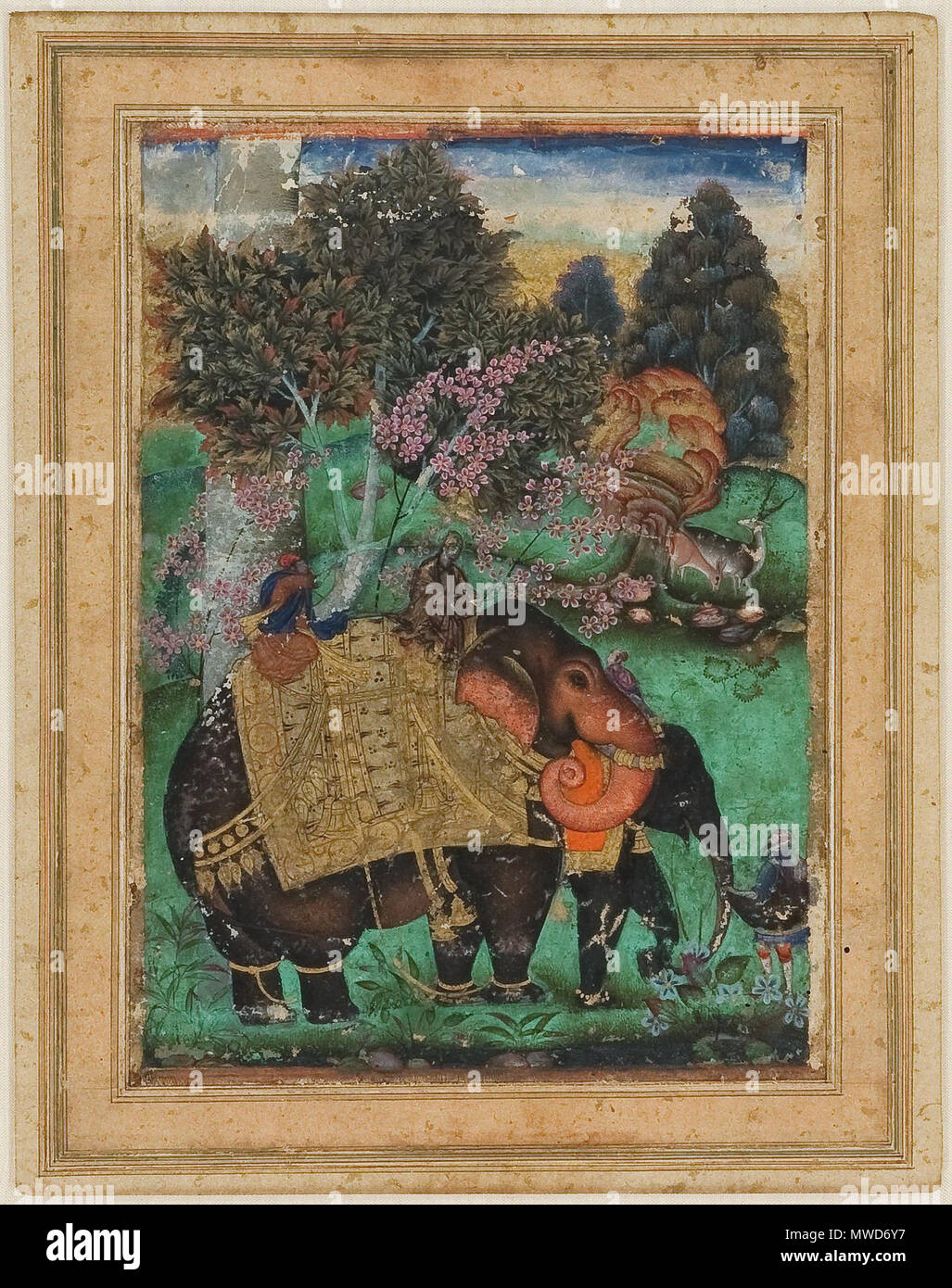 . Inglese: Farrukh Beg (attribuito), Sultan Ibrahim Adil Shah II in sella al suo pregiato elefante, Atash Khan, ca. 1600 (14,3 x 10,3 cm) privato coll. 4 marzo 2012. Farrukh Beg 202 Farrukh Beg (attribuito), Sultan Ibrahim Adil Shah II in sella al suo pregiato elefante, Atash Khan, ca. 1600 (14,3 x 10,3 cm) privato coll. Foto Stock