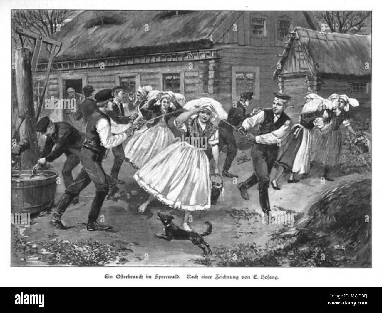 . Deutsch: Ein Osterbrauch im Spreewald. Holzstich nach einer Zeichnung von E. Hosang, 16,5×23 cm. 1897. Ernst Hosang (1857-dopo il 1884) 284 Hosang, Ernst - Ein Osterbrauch im Spreewald Foto Stock