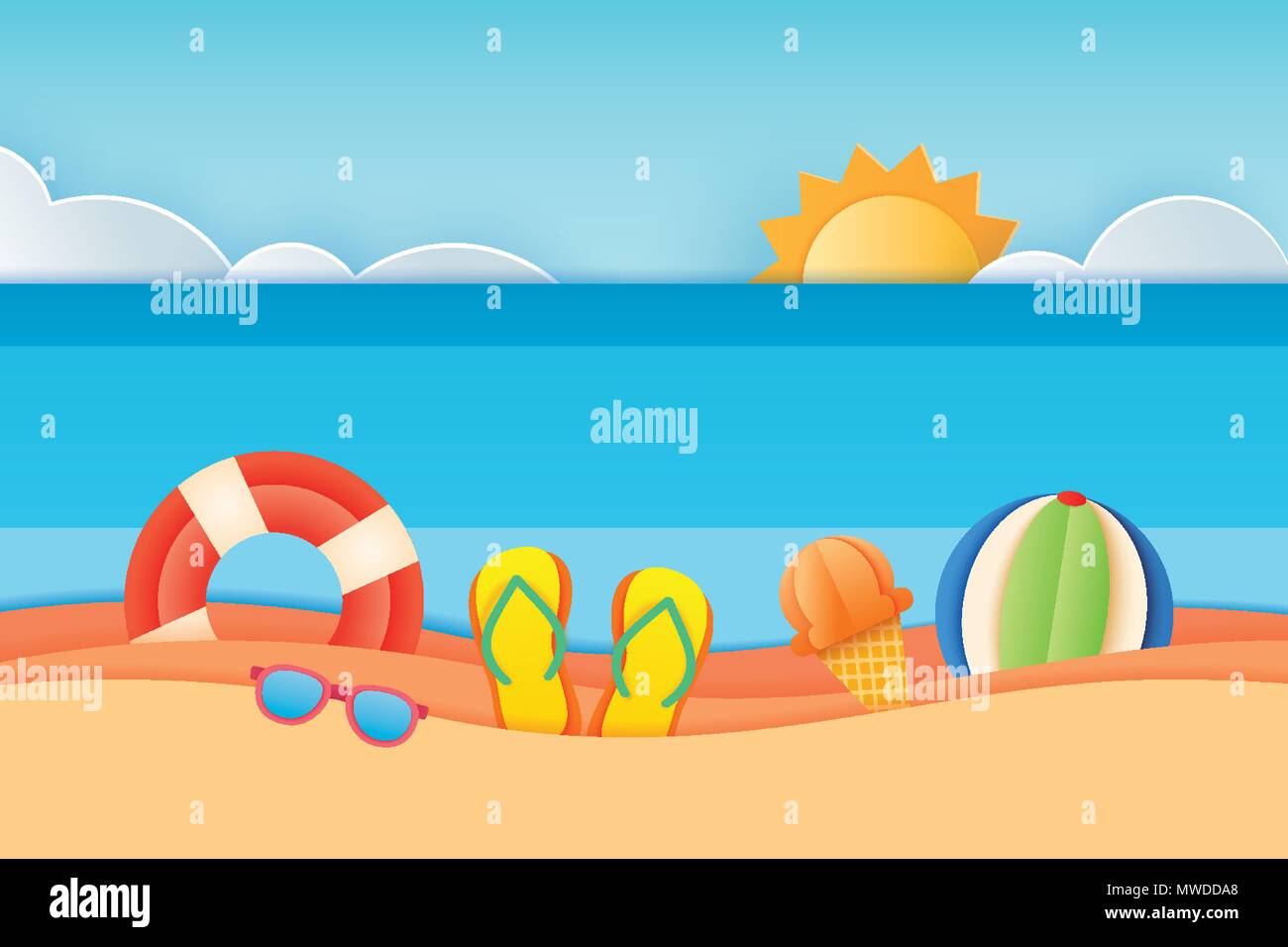 Orario estivo vista mare con attrezzature poste sulla spiaggia e il cielo dello sfondo. Carta arte e artigianato stile. Illustrazione Vettoriale di anello di vita, sunglass, ghiaccio Illustrazione Vettoriale