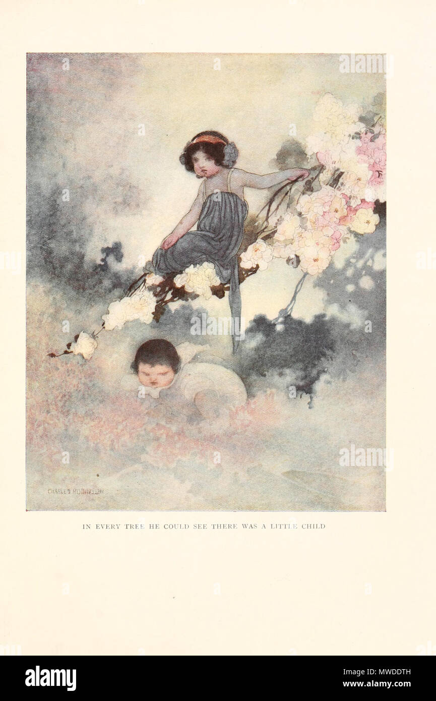 . Inglese: In ogni albero ha visto un bambino. Illustrazione di Oscar Wilde Il Principe Felice e altri racconti, da Charles Robinson. 1913. Charles Robinson 295 In ogni albero ha visto un bambino Foto Stock