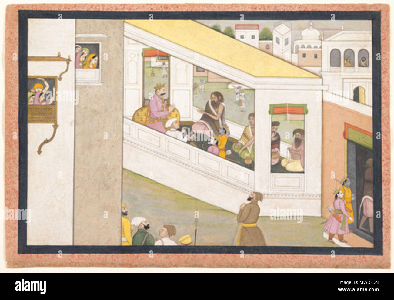 . Inglese: La Salvia Vishvamitra chiede aiuto dal re Dasaratha . circa 1780. Uknown, Manaku, artisti Bahur 635 Vishvamitra Dasharatha Rama Lakshmana Foto Stock