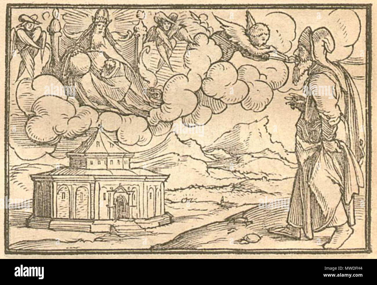 . Xilografia di Isaia da 'Historiarum veteris Testamenti Icones ad vivum expressae' (illustrazioni delle storie del Vecchio Testamento), Lione, 1538. Il testo latino recita "Isaias videt gloriam Dei" (Isaia vede la gloria di Dio). 1538. Hans Holbein il Giovane 300 Isaia Hans Holbein Lyon 1538 xilografia Foto Stock