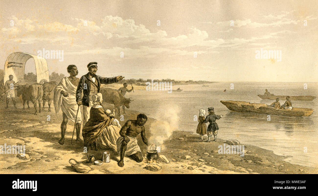 . Inglese: Lago Ngami scoperto da Oswell, Murray & Livingstone. "Dodici giorni dopo la nostra partenza da carri a Ngabisane siamo venuti a nord-est del lago Ngami; e il primo di Agosto, 1849, siamo andati verso il basso insieme alla parte larga, e per la prima volta questo fine-cercando foglio di acqua era vedemmo dagli europei. La direzione del lago sembrava essere N.N.E. e S.S.W. dalla bussola. . Esso è poco profonda, per poi ho visto un nativo punting sua canoa oltre sette o otto miglia di nord-est end; esso non può quindi essere di molto valore come un autostrada commerciale." [pagg. 65-66] . 1857 Foto Stock