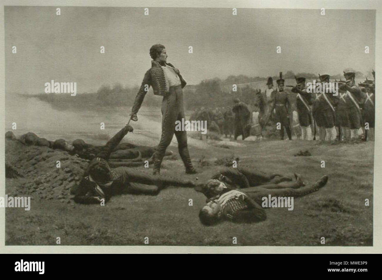 . "Heldentod der elf Schillschen Offiziere vor Wesel, 16. Settembre 1809', Heliogravure (ca. 19 x 36cm) nach einem Gemälde von Adolf Hering (1899) . circa 1905. Dopo un dipinto da Adolf Hering (1862-1932) 270 Heldentod der elf Schillschen Offiziere vor Wesel nach Adolf Hering Foto Stock