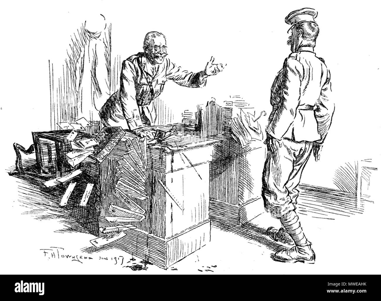 . Inglese: vecchio soldato (cercando di 'swing il piombo"): "Beh, Sir, non riesco a non mangiare, dormire né bere, Sir' M.O. (In uno spasmo di entusiasmo): 'My uomo buono! L'esercito vuole un battaglione come te!" . Punzone, Vol. 152. Giugno 27th, 1917.. F.H. Townsend 291 soldato ideale Foto Stock