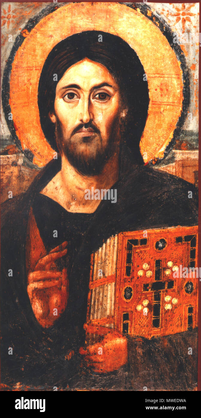 . Un sesto secolo icona della en:Gesù a santa Caterina monastero su Mt. Il Sinai. L'immagine raffigura Gesù Cristo con due differenti appare sul suo volto: una è di amare l uomo, e l'altro è un terribile giudice. Da [1] en:Categoria:raffigurazioni artistiche di Gesù . Questo file è privo di informazioni sull'autore. 314 Gesù Icona del Sinai Foto Stock