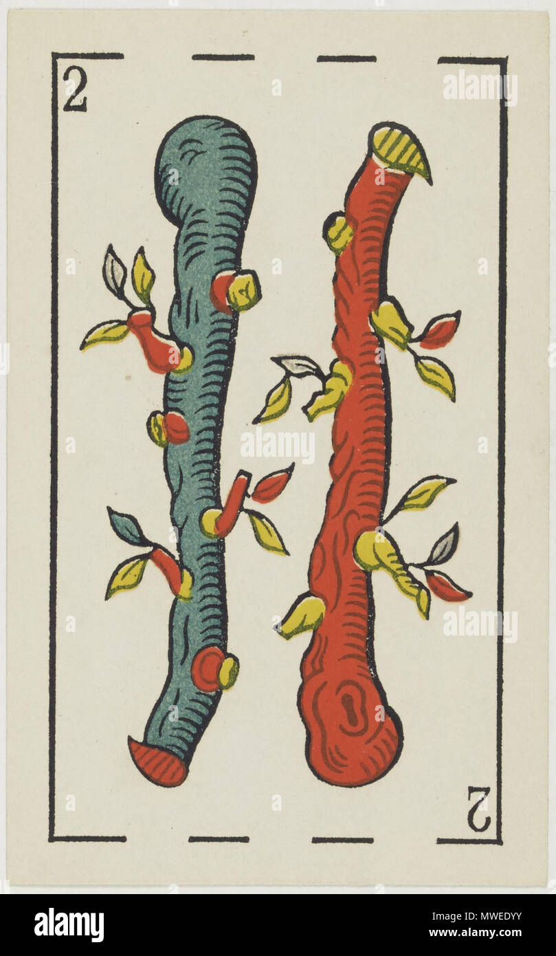 . Inglese: Aluette deck, B. P. Grimaud editor, Francia, 1860: due dei club . 1860. B. P. Grimaud 315 Jeu d'Aluette - Grimaud - 1860 - Due dei club Foto Stock