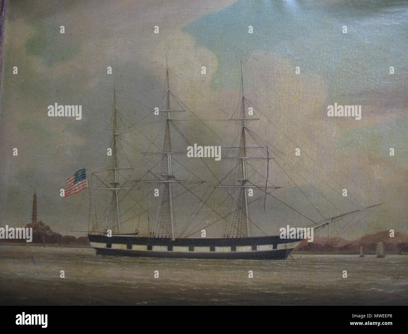 . Inglese: la pittura ad olio. La Cina la pittura. Spedire il ritratto di whaleship Niantic realizzato in un porto cinese, probabilmente Whampoa (ora Huangpu District), il Cantone (Guangzhou). Dipinto fra il 1832 e il 1847 (molto probabilmente nel 1840, durante una particolarmente redditizio il viaggio). L'originale appeso nella cabina del capitano fino alla Niantic è stato convertito nel 1849 in un hotel in San Francisco. A quel tempo si era trasferito al whaleship Maria Wilder, ed è poi rimasta in il capitano della famiglia al tempo presente. I resti del Connecticut-costruito Niantic giacciono sotto il Mark Twain Plaza complesso accanto Foto Stock