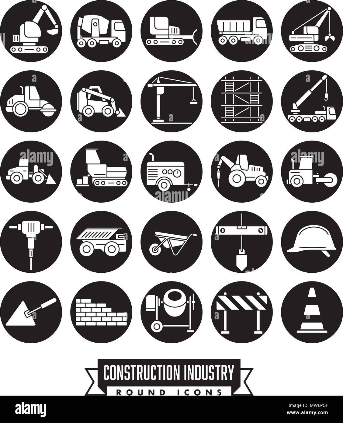 La costruzione industriale di macchinari e utensili solido rotondo nero raccolta icona Illustrazione Vettoriale