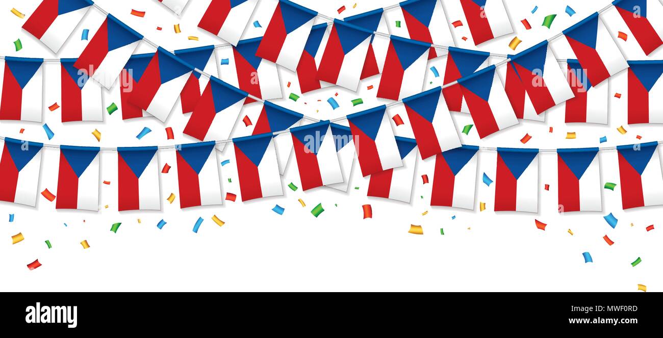 Bandiere ceca garland sfondo bianco con coriandoli appesi bunting per il ceco Independence Day celebrazione template banner, illustrazione vettoriale Illustrazione Vettoriale