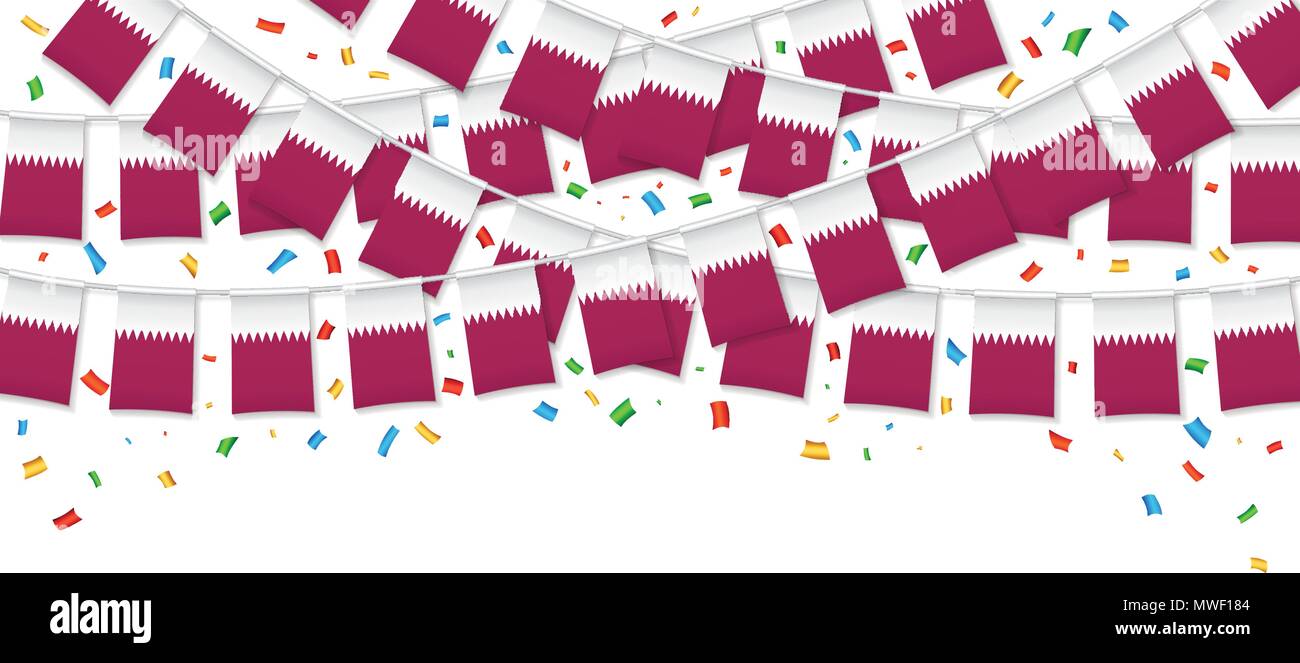 Il Qatar flags garland sfondo bianco con i confetti, Hang bunting Qatar per la celebrazione della festa nazionale template banner, illustrazione vettoriale Illustrazione Vettoriale