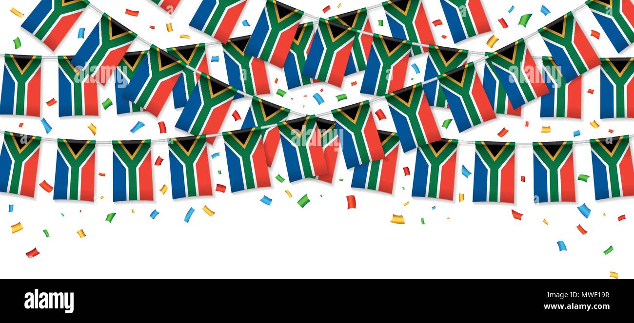 Sud Africa bandiere garland sfondo bianco con i confetti, Hang bunting per Giorno Di Indipendenza celebrazione template banner, illustrazione vettoriale Illustrazione Vettoriale