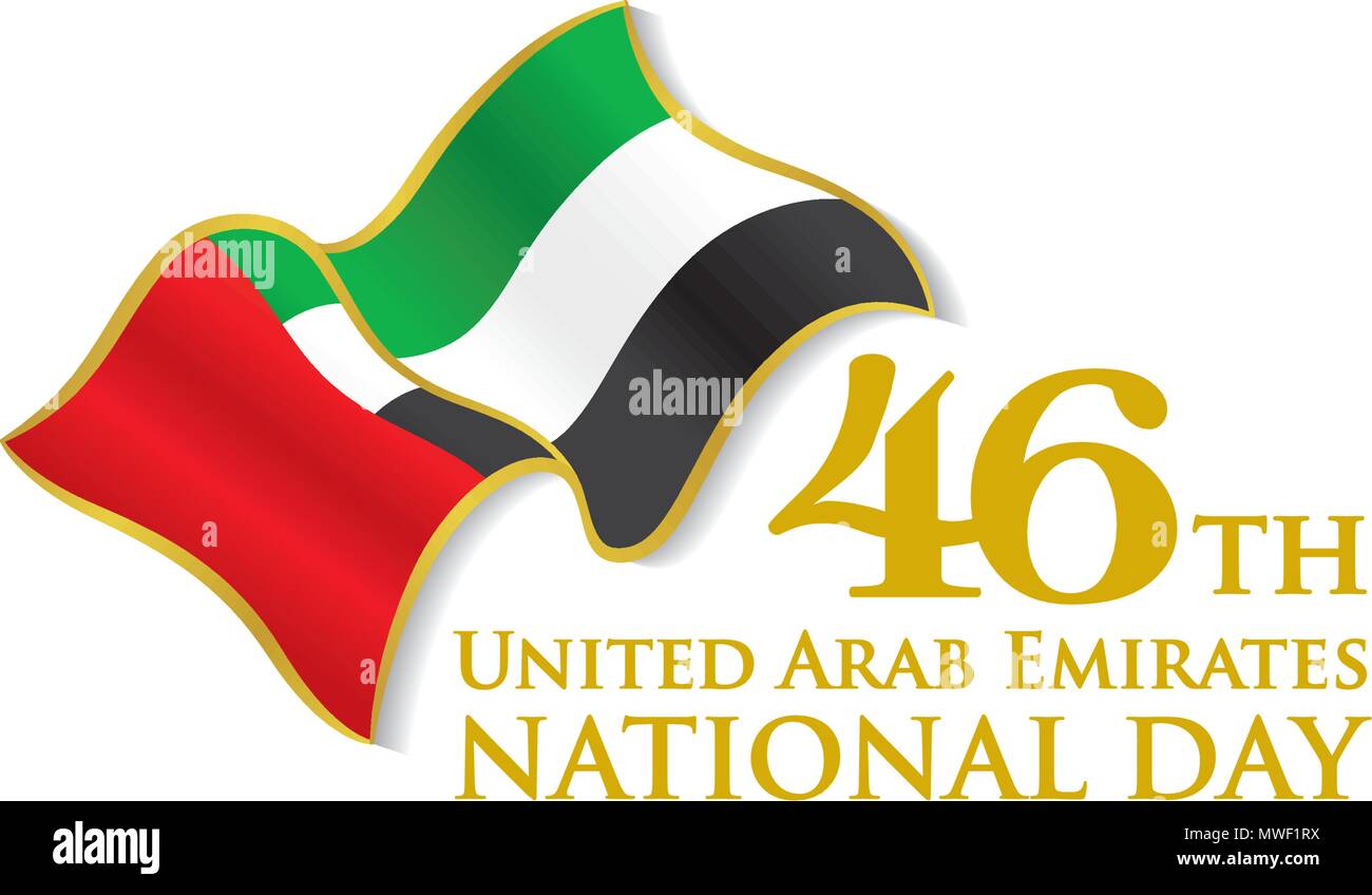 Emirati Arabi Uniti XLVI Giornata Nazionale Logo con sventola Bandiera, vettore emblemi tipografiche & badge con sfondo bianco Illustrazione Vettoriale