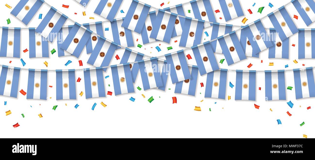 Bandiera dell'Argentina garland sfondo bianco con i confetti, Hang bunting per argentini Independence Day celebrazione template banner, illustrazione vettoriale Illustrazione Vettoriale
