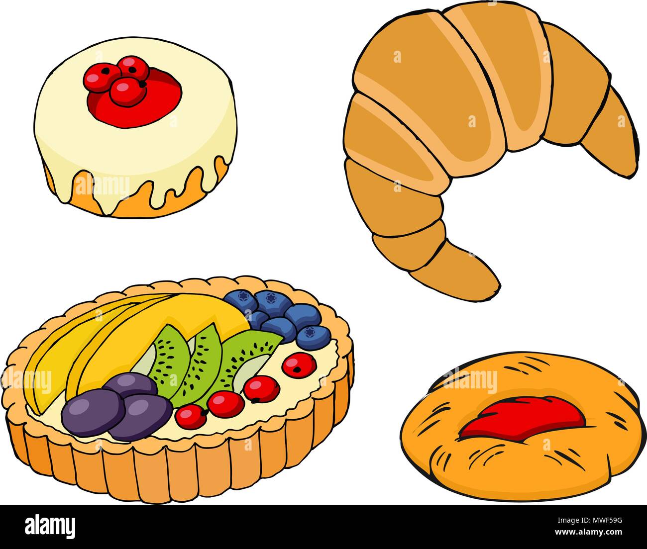 Pasticceria, Croissant, crostata di frutta, bagel e marmellata-pasta ripiena. Illustrazione Vettoriale su sfondo bianco Illustrazione Vettoriale