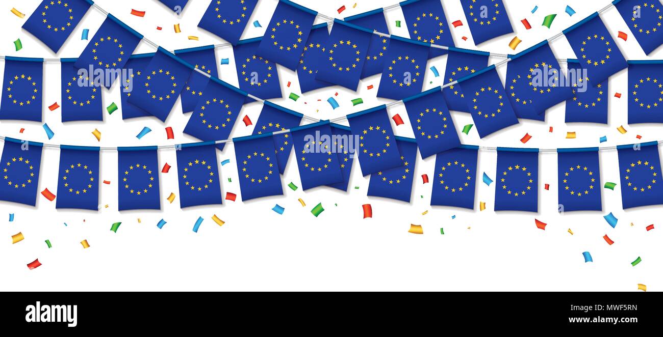 Unione Europea bandiere garland sfondo bianco con i confetti, Hang bunting per celebrazione template banner, illustrazione vettoriale Illustrazione Vettoriale