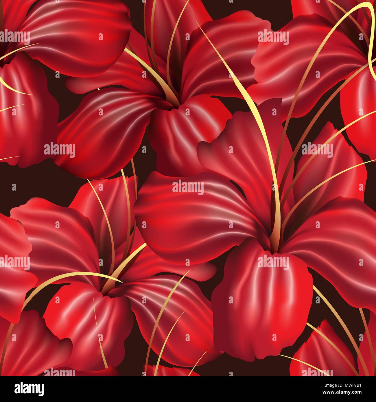 Fiori di orchidea rossi Seamless Pattern sul nero. Illustrazione Vettoriale. Illustrazione Vettoriale