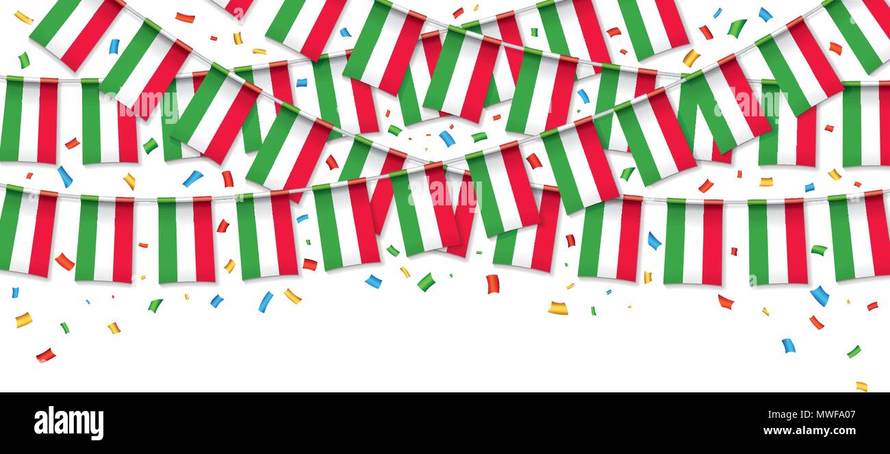 Italia bandiere garland sfondo bianco con i confetti, Hang bunting per Italia Day celebrazione template banner, illustrazione vettoriale Illustrazione Vettoriale