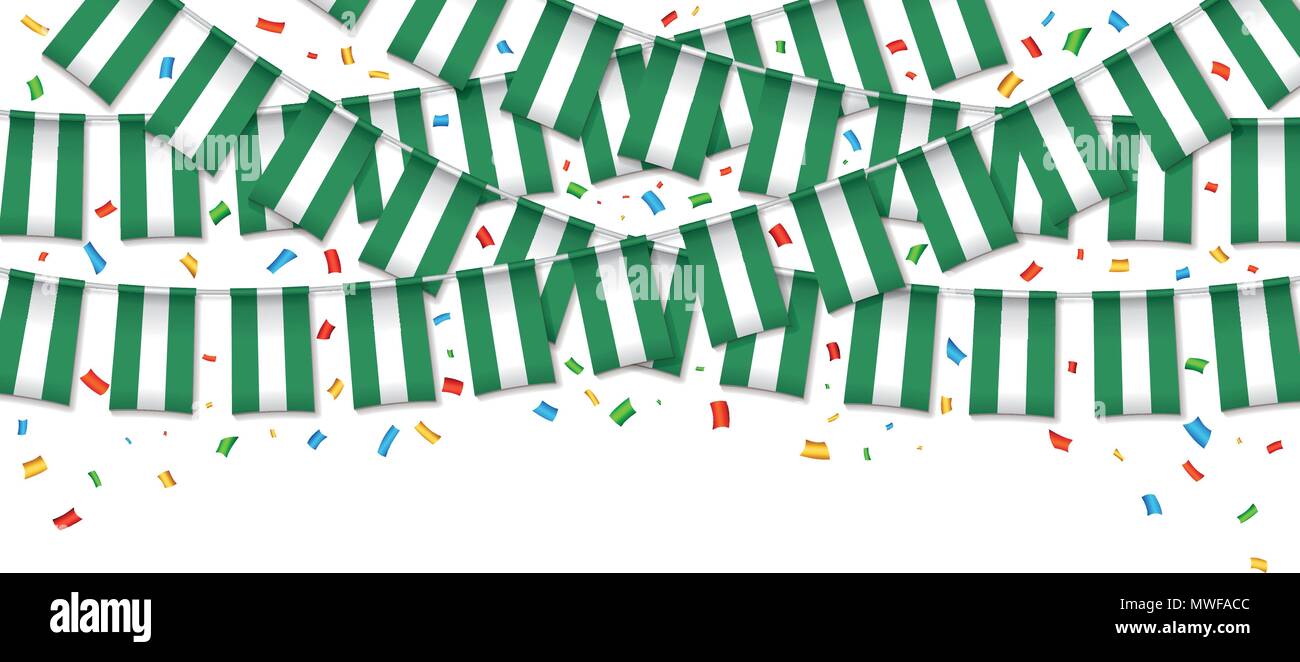 Nigeria bandiera garland sfondo bianco con i confetti, Hang bunting per Nigerian Independence Day celebrazione template banner, illustrazione vettoriale Illustrazione Vettoriale