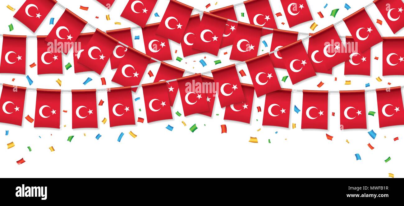 Bandiere turche garland sfondo bianco con i confetti, Hang bunting per la Turchia Day celebrazione template banner, illustrazione vettoriale Illustrazione Vettoriale